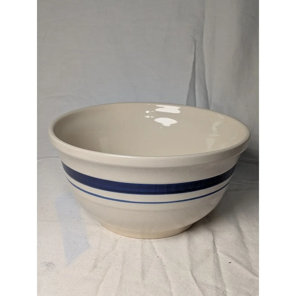 Vintage Stoneware Mixing Bowl Cream with Navy Blue Stripes Farmhouse Decor 8.5in